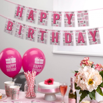 Girlande Happy Birthday - pink/grau