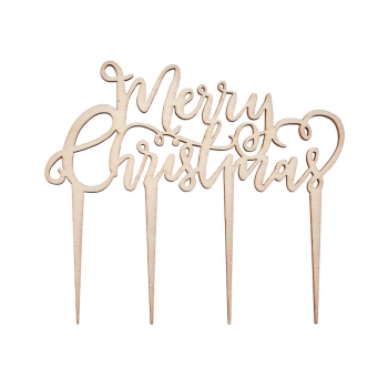 Festive Wooden Merry Christmas Cake Topper - Metallic Star