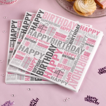 Papierservietten Happy Birthday - pink/grau