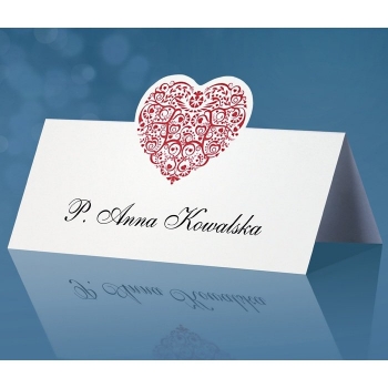 Table cards, white with deep red heart, 6 cm x 10,5 cm, 25 pcs