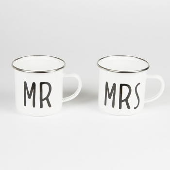 Tassen Set Mr & Mrs Emaille - schwarz/weiß