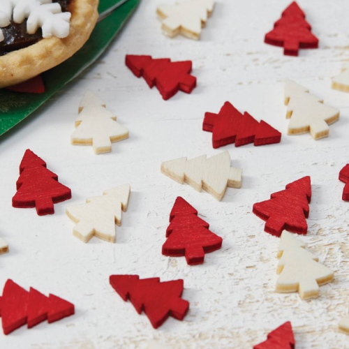 Red & White Wooden Christmas Tree Confetti - Vintage Noel