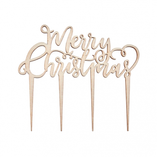 Festive Wooden Merry Christmas Cake Topper - Metallic Star