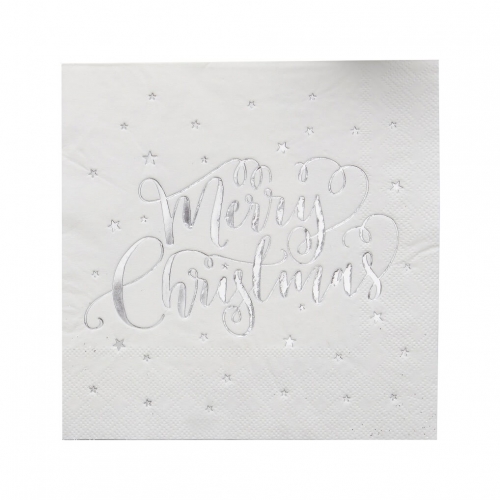 Silver Foiled Merry Christmas Napkins - Metallic Star