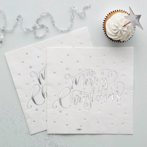 Silver Foiled Merry Christmas Napkins - Metallic Star