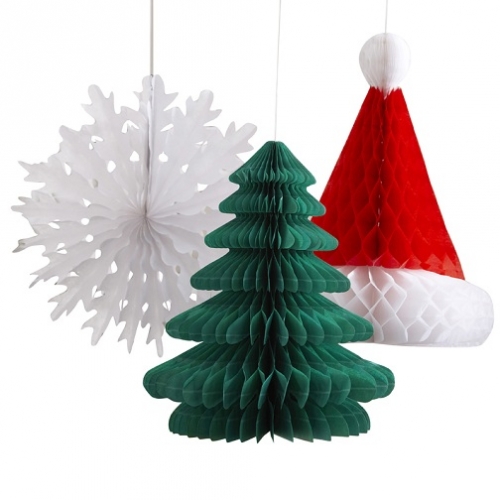 Honeycomb Tree, Hat & Snowflake Honeycomb Decorations - Vintage Noel