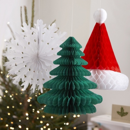 Honeycomb Tree, Hat & Snowflake Honeycomb Decorations - Vintage Noel