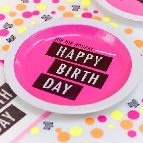 Happy Birthday Pink Paper Plates - Neon Birthday