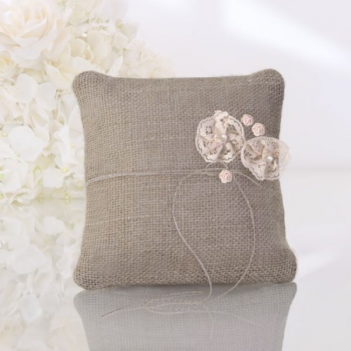 Small ring bearer pillow lace pink roses hessian