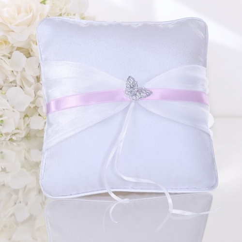 Square wedding ring bearer pillow butterfly silver pink