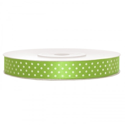 Satin ribbon with dots, 12 mm / 25 m, green apple