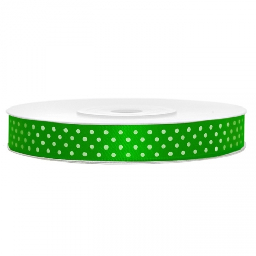 Satin ribbon with dots, 12 mm / 25 m, grass green