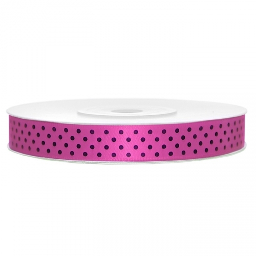 Satin ribbon with dots, 12 mm / 25 m, fuchsia