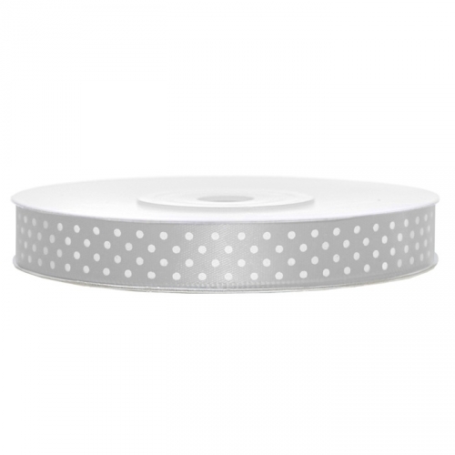 Satin ribbon with dots, 12 mm / 25 m, silver