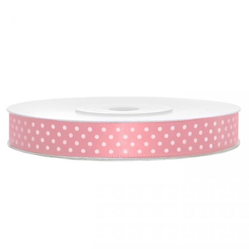 Satin ribbon with dots, 12 mm / 25 m, light pink