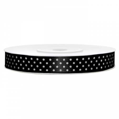 Satin ribbon with dots, 12 mm / 25 m, black